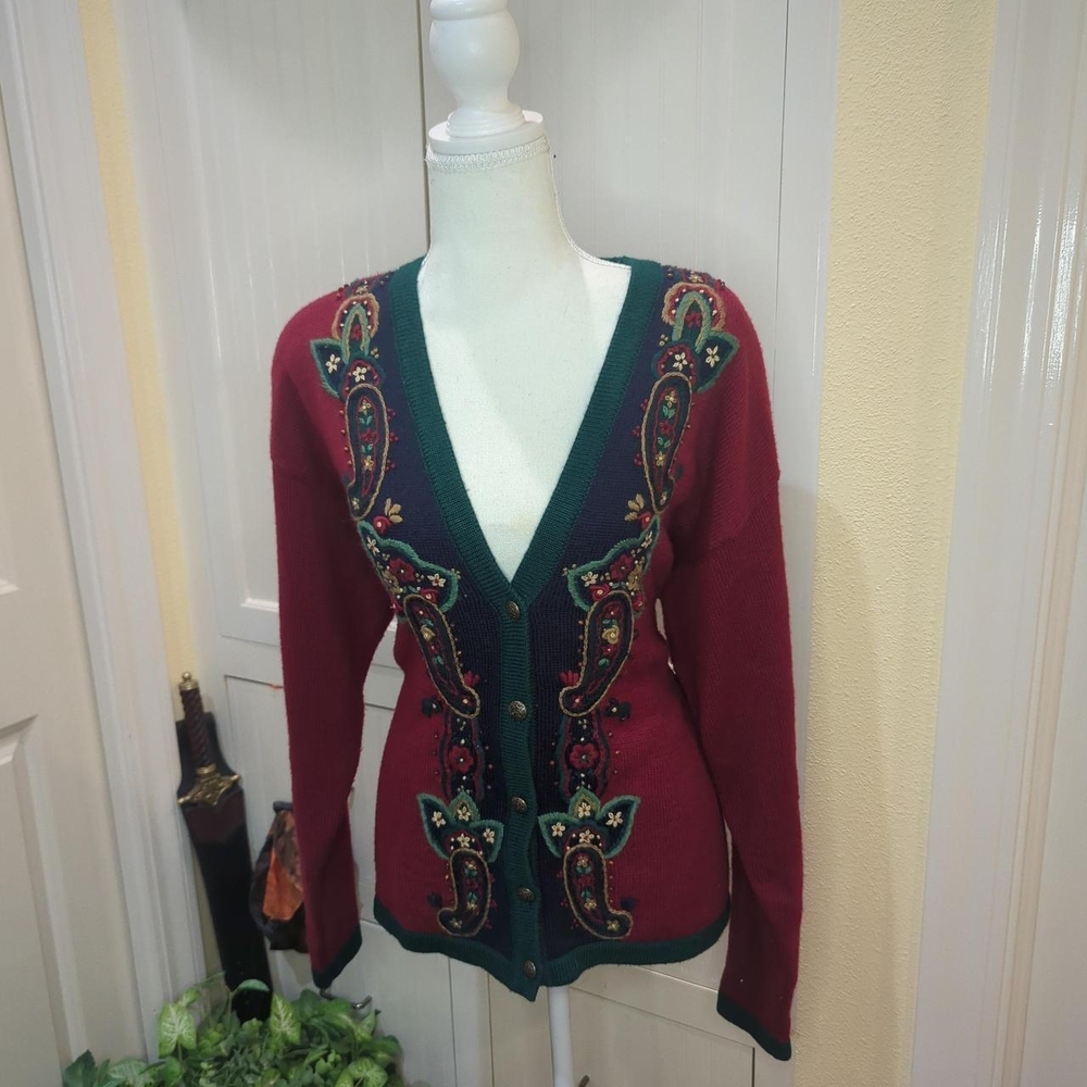 Koret Red and Green Embroidered Cardigan